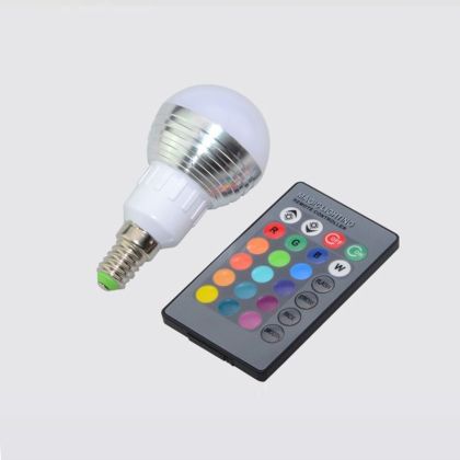 RGB LED КРУШКА С ДИСТАНЦИОННО УПРАВЛЕНИЕ E14  цокъл 5W - 220 V В РАЗЛИЧНИ ЦВЕТОВЕ - СРЕБРИСТА 
